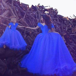 Fabulous Mother Daughter Dresses Princess Off the Shoulder Blue Tulle Long Prom Party Dress Formal Evening Gown with Appliques Beads