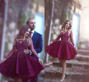 Cheap 2016 Short Homecoming Dresses Illusion Neck Long Sleeves Lace Appliques Beaded Burgundy Evening Wear Prom Party Dress Cocktail Gowns