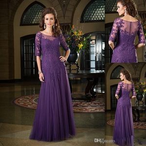 2017 Modest Mother Of Bride Dresses Half Sleeves Dark Purple Dress Of The Groom Tulle Applique Lace Sheer Neck Wedding Evening Party Gown