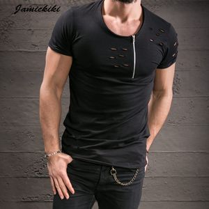 Partihandel-Jamickiki Sommar T-shirts Mäns Varumärke Kläder O-Neck Kortärmad Dekorativa Hål Zipper T Shirt Men Tees Tops Homme