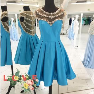 Wholesale see through homecoming dress for sale - Group buy Custom Made Light Blue Ivory Short Homecoming Dresses Cheap High Quality Graduation Gowns Sheer Neck See Through Back Pearls Beads Crystals