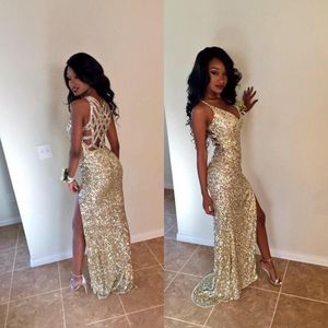2016 Fashion Celebrity Dresses Sexy Deep V Neck Elegant Champagne Bling Beaded Sequin Mermaid Hollow High Side Split Formal Evening Gowns