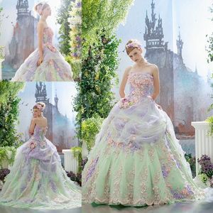 Bunte Blumen-Ballkleid-Hochzeitskleider, Spitzenapplikation, Tüll, bedeckt, Schnürung am Rücken, Brautkleider, trägerlose, maßgeschneiderte Brautkleider