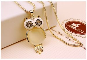 Fashion Jewelry Eye Catching Cute Big Opal Owl Pendant Necklace Long Chain Compatible with Pandora Jewelry