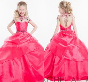 Rachel Allan Flower Girl Pagenat Abiti Sheer Jewel Neck con perline Illusion Back Princess Abiti da festa di nozze per bambini HY1133