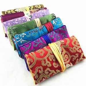 Customize Folding Jade Travel Jewelry Roll Up Bag Chinese Silk Brocade Pouch Ladies Makeup Storage Pouches Drawstring Large Cosmetic Bags Zipper 20pcs/lot