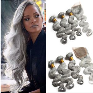 Grey Body Wave Virgin Hair 3 Bundles With Lace Closure Sliver Grey Brazilian Human Hair Weaves With Lace Closure