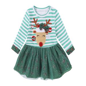 Nya Baby Girls Christmas Dresses Party Cosplay Kostym Princess Deer Elk Dress Stripe Långärmad Tulle Bubble kjol