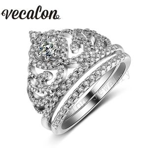 Vecalon moda coroa anel de casamento conjunto para mulheres simuladas diamante cz 10kt ouro branco fêmea anel de banda de noivado