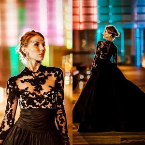 Sexy Stunning Black Wedding Dresses Cheap Gothic Bridal Gowns A Line Illusion Long Sleeve Lace Appliques Sheer Top Taffeta Skirt Formal Wear