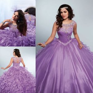 Tiered Ruffles Purple Quinceanera Dresses Beaded Rhinestones Jewel Neck Masquerad Sweet 16 Ball Gowns Crystal Debutante Dress