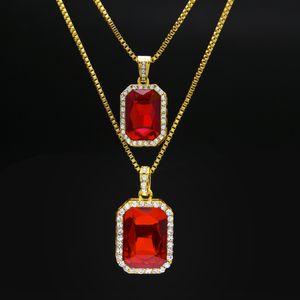 2pcs Ruby Necklace Set Silver Gold Plated Iced Out Square Red Ruby Bling Rhinestone Pendant Necklace Hip Hop Jewelry Box Chain
