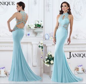 2016 New Style Dresses Evening Wear Elegant Janique Dress Sexy Sheer Lace Applique High Neck Black Mermaid Open Back Formal Celebrity Gowns