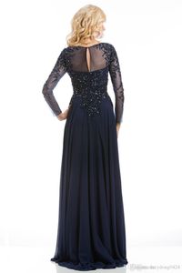 Top Selling Elegant Navy Blue Mother of The Bride Dresses Chiffon See-Through Long Sleeve Sheer Neck Appliques Sequins Evening Dre264n