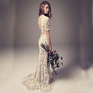 Vintage Wedding Dresses Sheath Column Backless Full Lace Boho Bridal Gowns with Illusion Short Sleeves Sweep Train Cheap High Quality