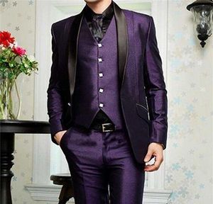 Hoge Kwaliteit One Button Purple Groom Tuxedos Sjaal Revers Groomsmen Mens Trouwjurken Prom Suits jas Pants Vest