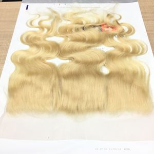 7aストレートブロンドの耳の耳のレースの閉鎖ボディウェーブヘアークローズ13x4ブラジルのバージンヘアスイスレースの閉鎖ピース＃613漂白結び目