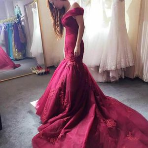 Burgundy Plus Size Mermaid Evening Dress Off The Shoulder Robe De Mariee Custom Made Lace Bridal Gowns For Fat Ladies