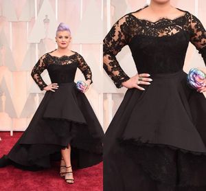 High Low Plus Size Formal Dresses Sheer Lace Bateau Long Sleeve Oscar Kelly Osbourne Evening Gowns Black Ball Mother Of The Bride 2019
