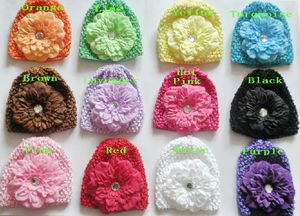 20pcs baby waffle caps crochet hats hair flower clips beanie with lily peony daisy flower girl toddler stretchy caps MZ9111