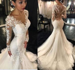 Moderne Meerjungfraukleider sexy lange Ärmel Spitzen Applikationen Perlen schiere Rücken plus Größe Court Zug Custom Wedding Kleid Brautkleider