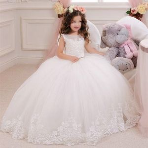 Abito da ballo in pizzo Piccoli abiti da sposa per ragazze di fiore per la festa nuziale Abiti da principessa con volant e fiocco lunghezza pavimento in tulle