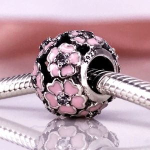 Primrose zilveren charme met kubieke zirkonia en licht roze emaille fit diy pandora armband authentiek sterling zilver NL68