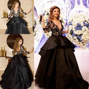 Kostenloser Versand Arabisch Myriam Fares Schwarzes Abendkleid Neues Ballkleid Langes Taft Formales Partykleid Promi-Kleid mit Ärmeln