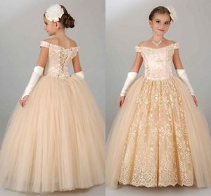 2016 Novo vestido de concurso de champanhe barato adolescentes fora do ombro Tulle Tulle Long Ball Vestido Crianças Flor Girls Dress Vestidos de Aniversário Vestidos de Comunhão