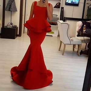 Evening Red Sleeveless Square Peplum Mermaid Style Prom Dresses Tiered Ruffle Sweep Train Back Zipper Custom Made Formal Party Gowns