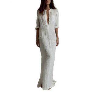 Fashion Vestidos 2016 Summer Women Sexy Dress Long Sleeve Deep V Neck Linen Split Solid Long Maxi Dress Plus Size free shipping