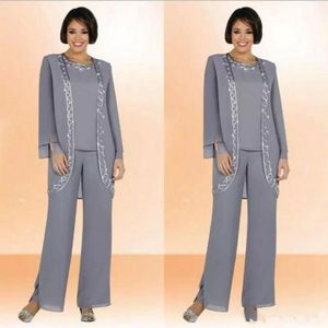 New Modest Chiffon Jewel Long Mother Of The Bride Pant Suits With Long Sleeve Jacket Cheap Embroidery Formal Suits Custom Made