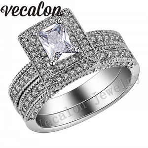 Vecalon jóias vintage simuladas diamante CZ 2-em-1 anel de banda de casamento de noivado conjunto para mulheres 14kt branco ouro cheio de festa