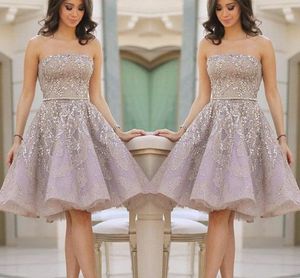 Strapless 2016 홈 커밍 드레스 Applique Sequins Prom Dresses 무릎 길이 맞춤형 계층화 된 공식 파티 드레스 2016 할인