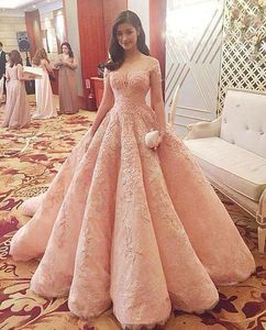 2021 New Blush Luxury Prom Dresses Vestidos De Fiesta Sheer Neckline Off Shoulders Lace Appliques Beaded A line Quinceanera Dresses