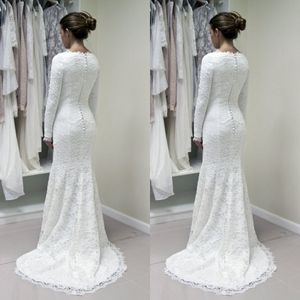 Vestidos de casamento de inverno Modesta Manga comprida Lace Sereia Vestidos de noiva Jewel Neck Custom Made Noivas de alta qualidade Desgaste Trem da varredura