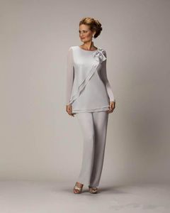 Hot Cheap Silver Chiffon Mother s Pants Suit For Mother of The Bride Groom Ladies Women Wedding Party Evening Gowns