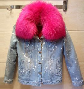 Women's New Design Real Raccoon Fur Collar Hål Ripped Denim Jeans Långärmad Faux Fur Liner Tjockning Kort Jacka Coat Parka Casacos