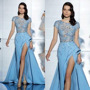 Elie Saab Sky Blue Formal Celebrity Evening Dresses Short Sleeves Beaded Lace Thigh High Split 2018 Cheap sheer Prom Special Occasion Gowns