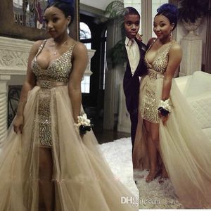 Deep V Neck african Crystal Prom Dresses Rhinestone evening gowns with Tulle Removable Detachable Brush Train 8th Grade Graduation Dresses