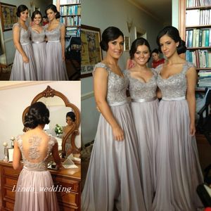 Hohe Qualität Norma Silber Grau Langes Brautjungfernkleid Heißer Verkauf A-Linie Applikation Chiffon Trauzeugin Kleid für Hochzeit Party Kleid