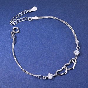 Korean Bracelet 925 sterling silver double heart i love you Crystals Silver Jewelry Chains Bracelets 925 stamp
