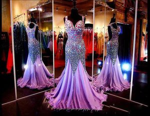 Shiny Prom Dresses Long 2016 Sexy Mermaid Scoop Backless prom Dress Beading Crystals Sweep Train Light Purple Formal Evening Gowns