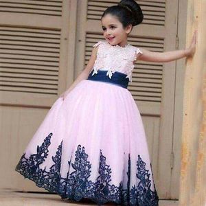 Adorável menina vestidos de concurso azul marinho do vintage apliques de renda até o chão longo blush formal rosa vestido da menina de flor para festa de casamento