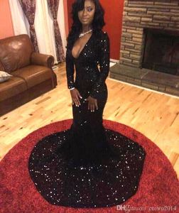 Seksi Siyah Mermaid Gelinlik Modelleri 2022 İlkbahar Yaz Pullu Uzun Kollu V Yaka Örgün Parti Akşam Afrika Elbiseler