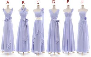 6 Stile bescheiden maßgeschneiderte Chiffon Brautjungfernkleider bodenlange Hochzeitsgastkleider Nationaler Taille Triebwagen Handgemachte Blume Handgemachte Blume