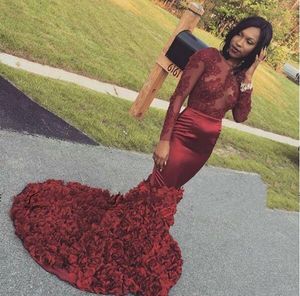 Burgundy Lace Long Sleeve Prom Dresses 2016 See Through Mermaid Rose Ruched Sweep Train Evening Gowns Black Girl Formal Party Dresses