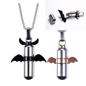 Titanium Steel Urn Lockets Necklace Cylinder Case Couples Openable Capsules Pendant Memorial Chain Lovers Jewelry Men Women Angels Wings Rose Gold