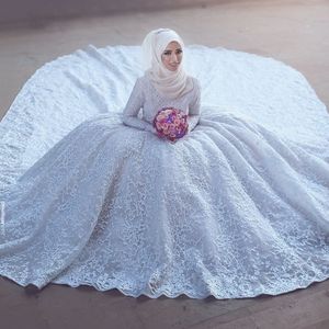 Skromne arabia Muzułmańskie suknie ślubne Długie rękawy Wysokiej szyi Pełna koronkowa suknia ślubna Fro Bride powiedział Mhamad suknie ślubne z pociągiem