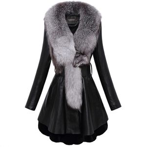 New Women's natural fox fur collar genuine sheepskin leather cotton-padded medium long sashes parka rex rabbir fur bottom coat casacos 4XL